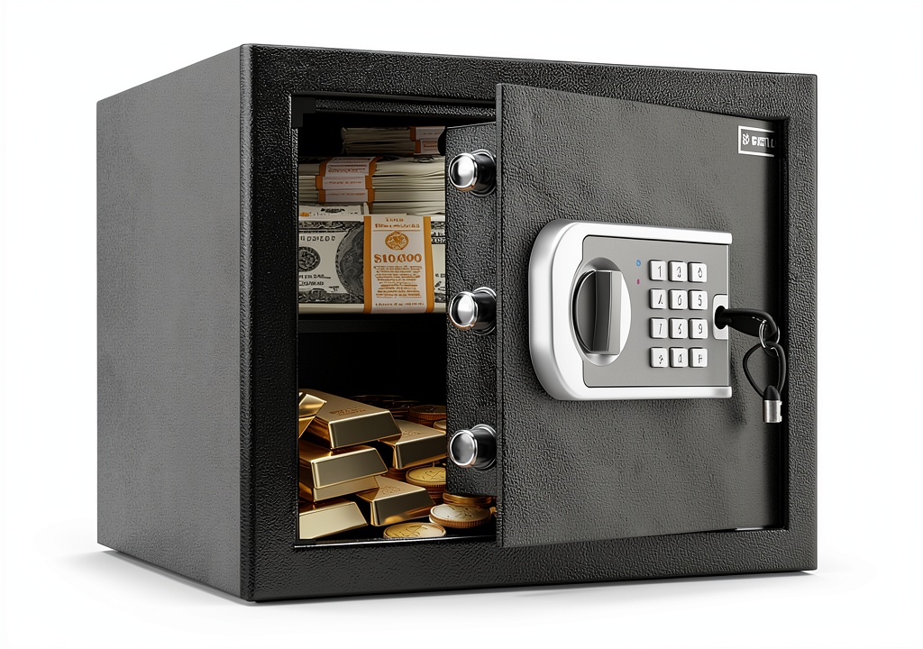 RETLLAS fireproof safe placed on a tabletop in a home setting