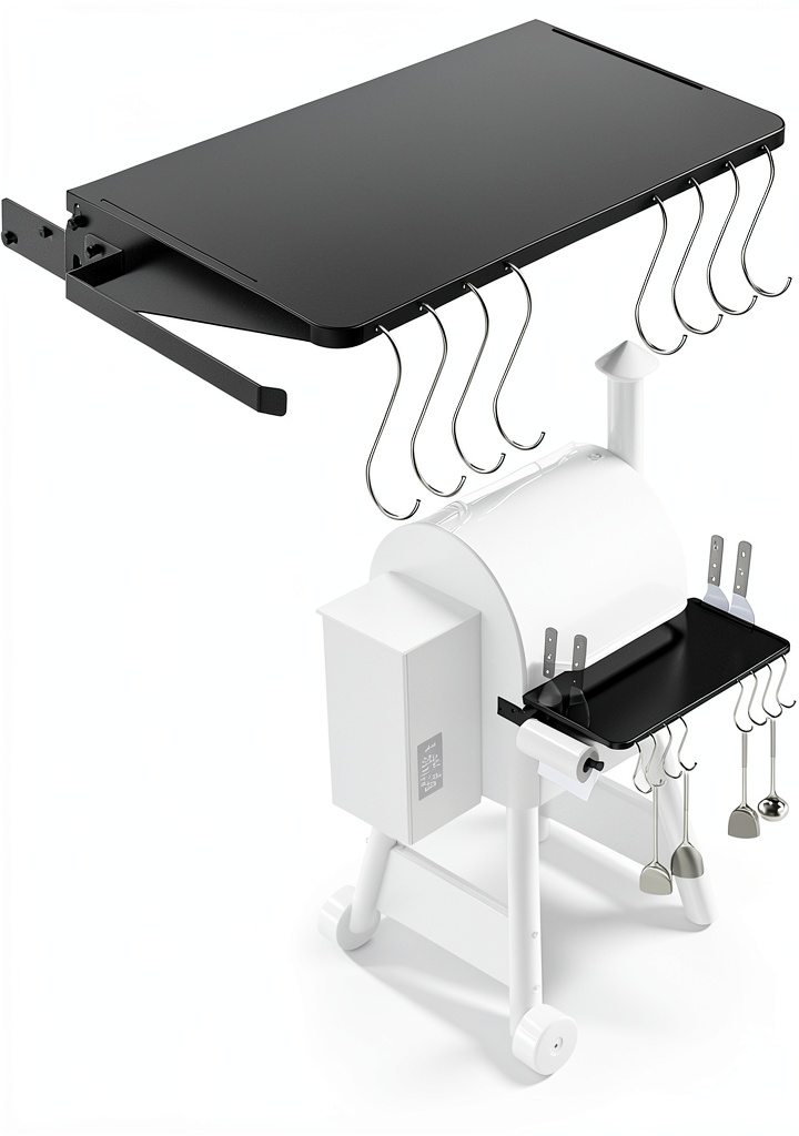 PHYESUVIN folding shelf attached to a Traeger grill during use