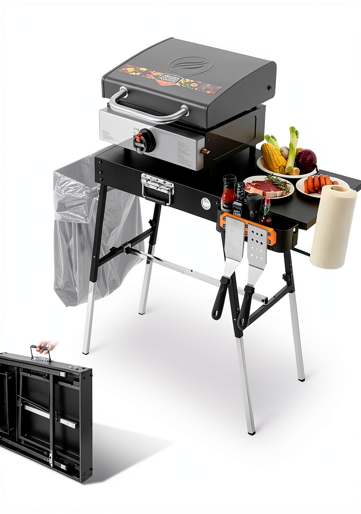 AOKEMAi Grill Stand set up in a backyard with grilling accessories
