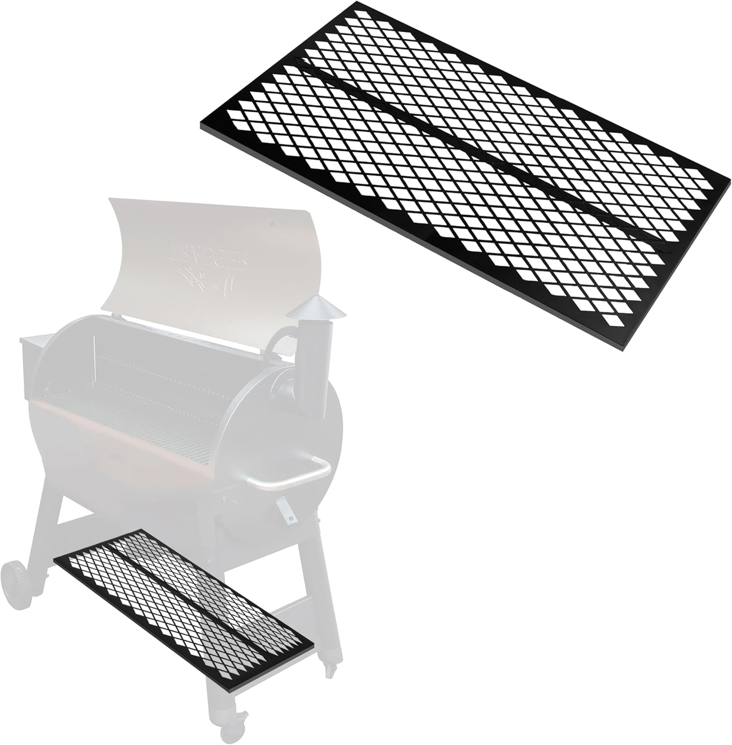 Iron Forge Tools metal shelf attached to a Traeger grill on a patio