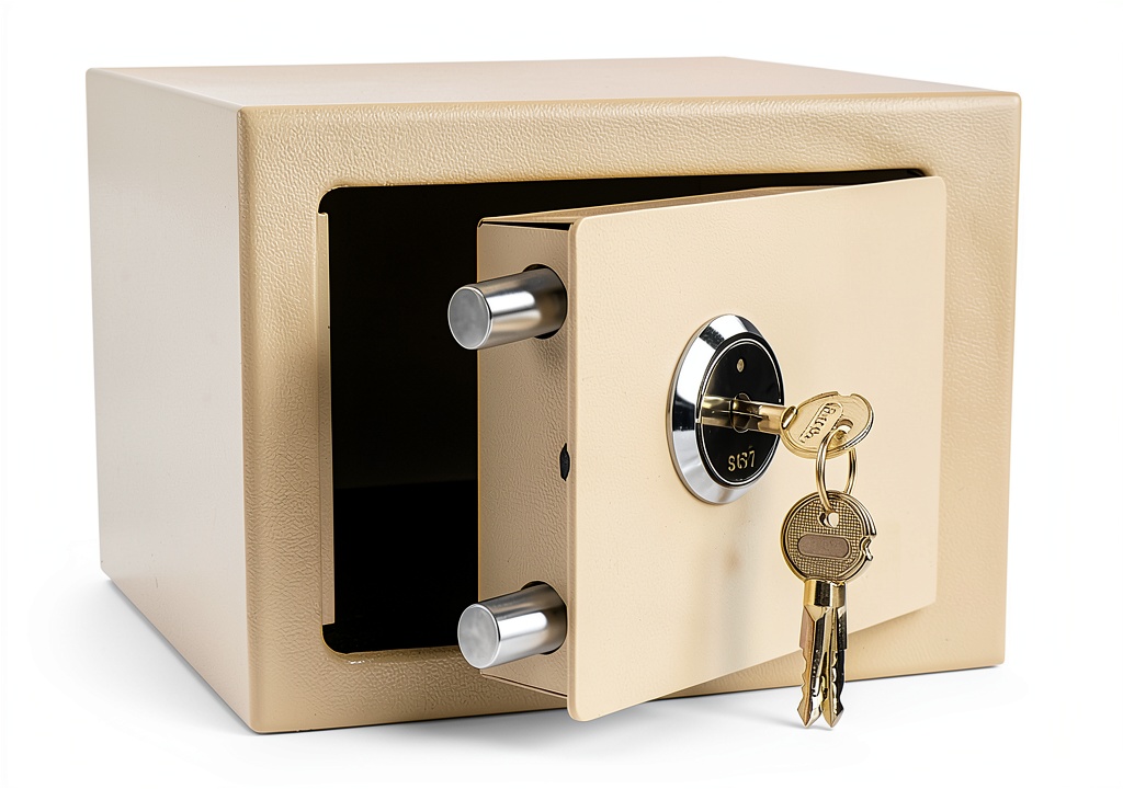 'DreamsEden steel safe box showing key lock and compact dimensions'
