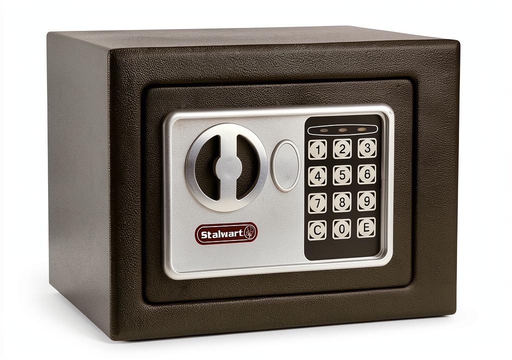 'Stalwart digital lock box mounted on a wall in a home office'