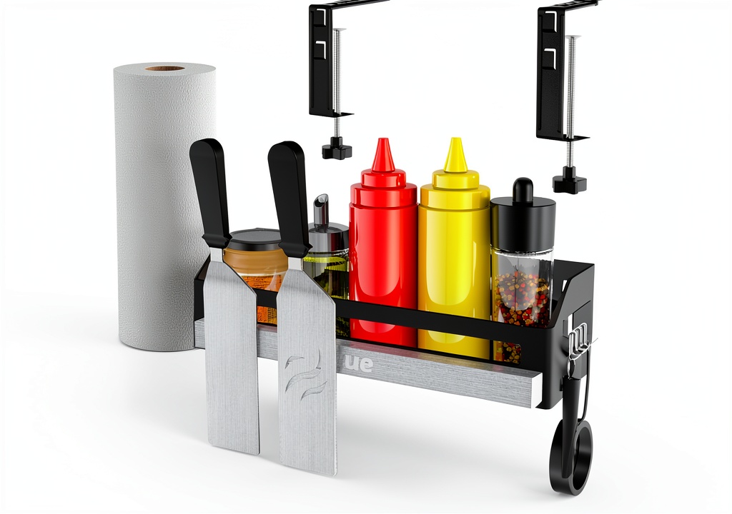 Oiyue Griddle Caddy mounted on a Blackstone griddle with utensils organized