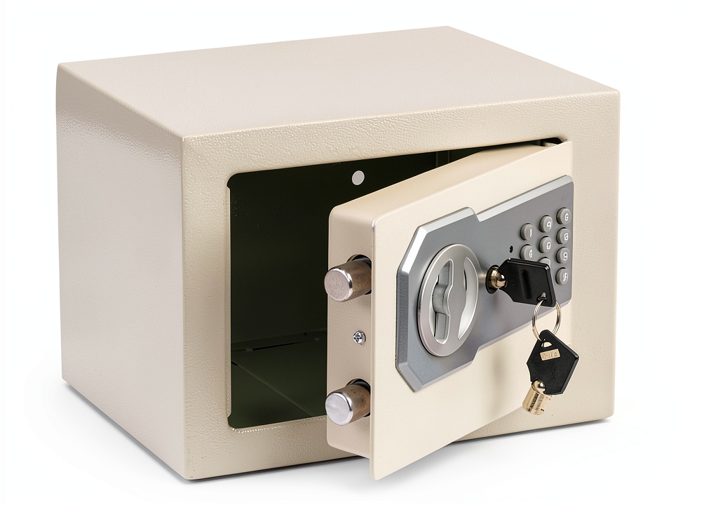 Yuanshikj electronic password safe showing digital keypad and white steel exterior