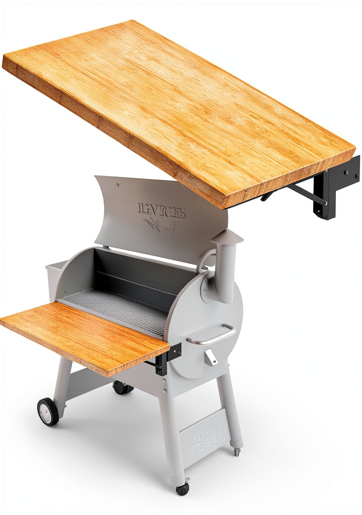 Iron Forge Tools folding wood grill shelf attached to a Traeger Pro 22 grill