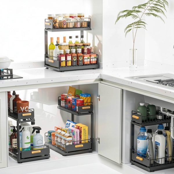 Under Sink Organizer Kitchen, 2 Tier Under Sink Organizers and Storage, Pull out Cabinet Organizer Shelf, Metal Drawer for Kitchen Bathroom Pantry Cabinet Closet Organization Rack, Black, 1 Pack-8